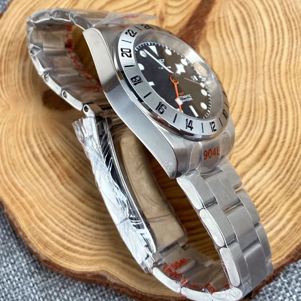 NH34A Watch Waterproof Field Automatic Mechanical Wristwatch Men Orange GMT Hand Master 24 Hours Sapphire Glass Glide Lock