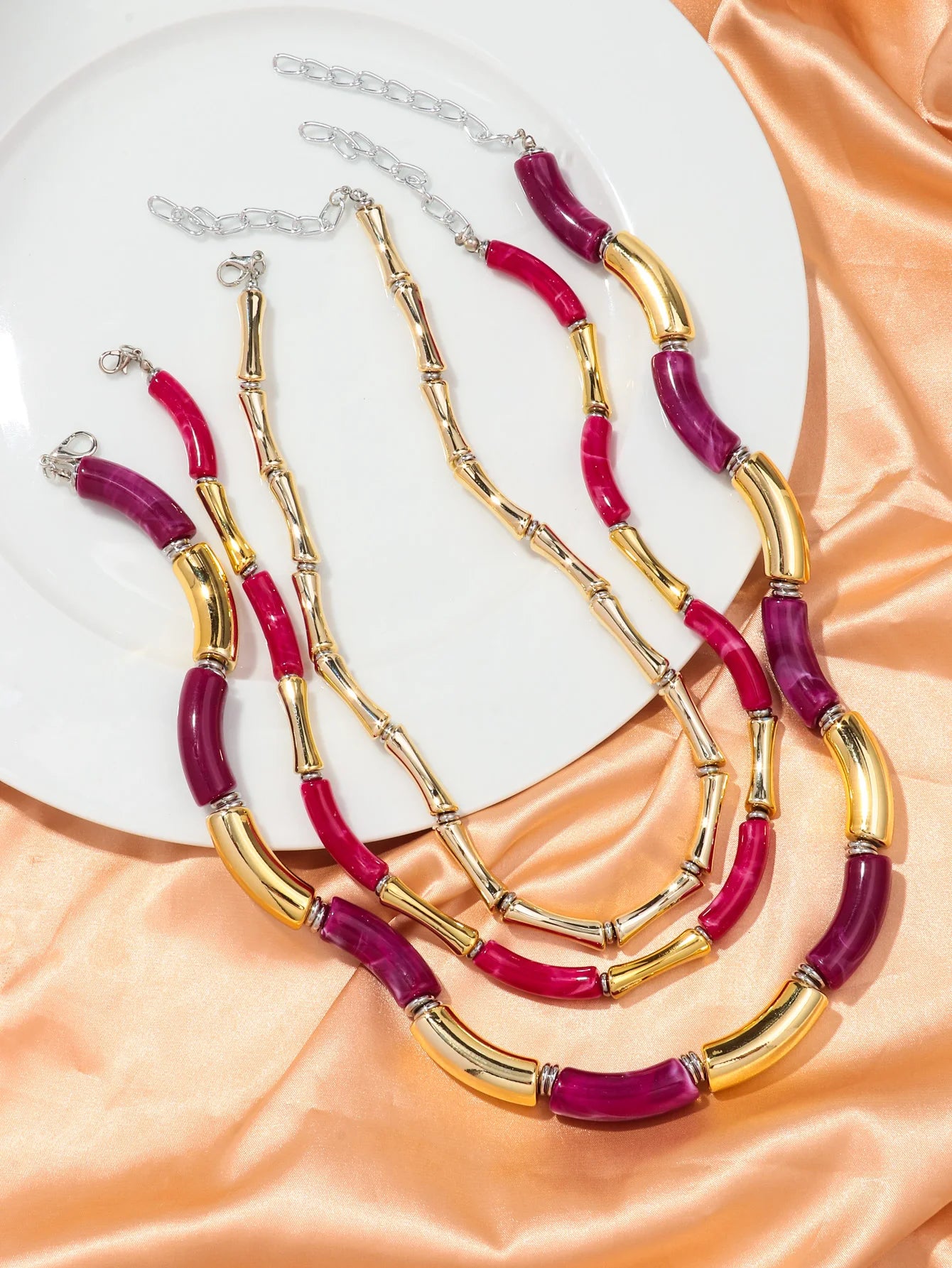 3 pieces/set Bohemian Acrylic Bamboo Beads Choker Necklace Set for Women Chunky Tube Necklaces 2024 Accessories Jewelry