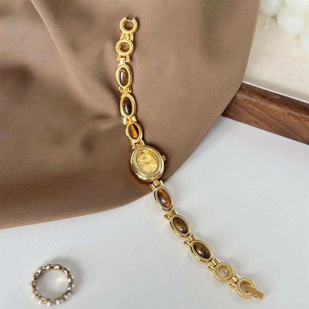 Watches For Woman Elegant Vintage Natural Dongling Stone Bracelet Ladies Small Dial Oval Quartz Dress Watch
