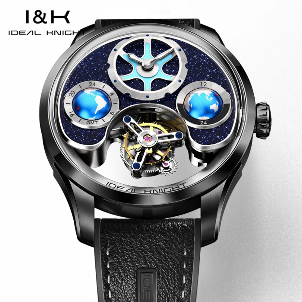 IDEAL KNIGHT 6808 Original Mechanical Watch For Men Top Brand 43mm Big Dial Flywheel Skeleton Hand Clock Business Man Watch Set