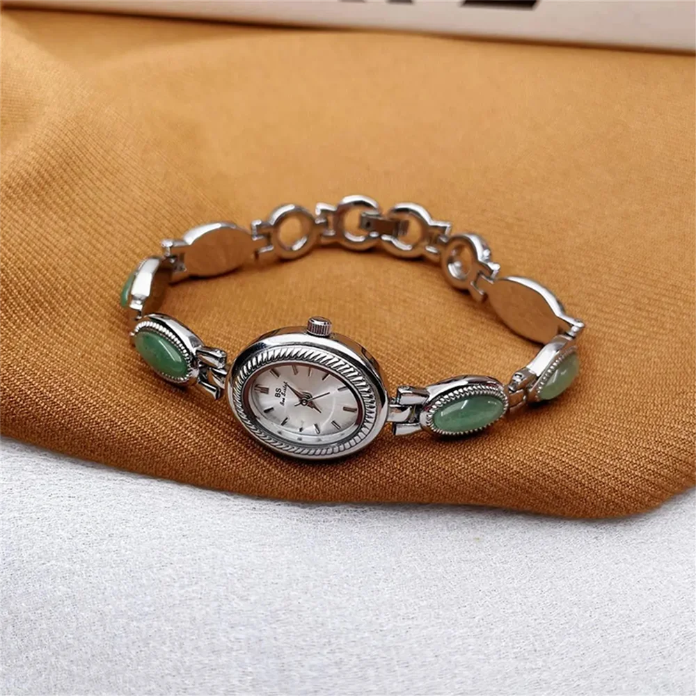 Watches For Woman Elegant Vintage Natural Dongling Stone Bracelet Ladies Small Dial Oval Quartz Dress Watch