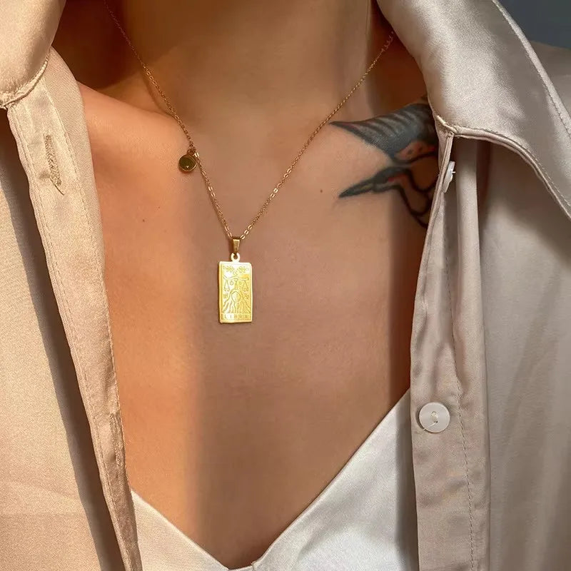 Stainless Steel Geometric Pendant Horoscope 12 Constellations Necklace for Women Zodiac Sign Necklaces Collar Gift for Her