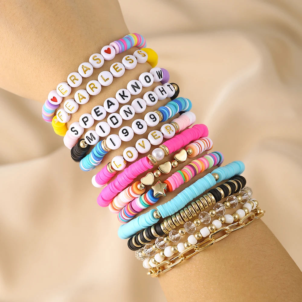 New In Simple Colorful Polymer Clay Smiling Face Love Pearl Bracelet Set Emotional Bracelet for women scene vintage jewelery