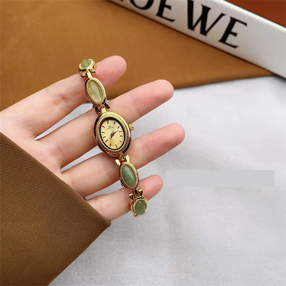 Watches For Woman Elegant Vintage Natural Dongling Stone Bracelet Ladies Small Dial Oval Quartz Dress Watch