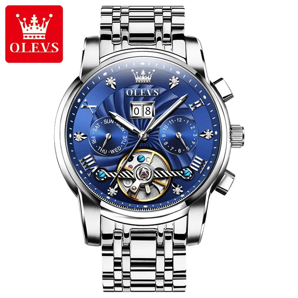 OLEVS Mens Watch Automatic Mechanical Tourbillon Slef-Wind Luxury Stainless Steel Strap Waterproof Luminous Date Wrist Watch