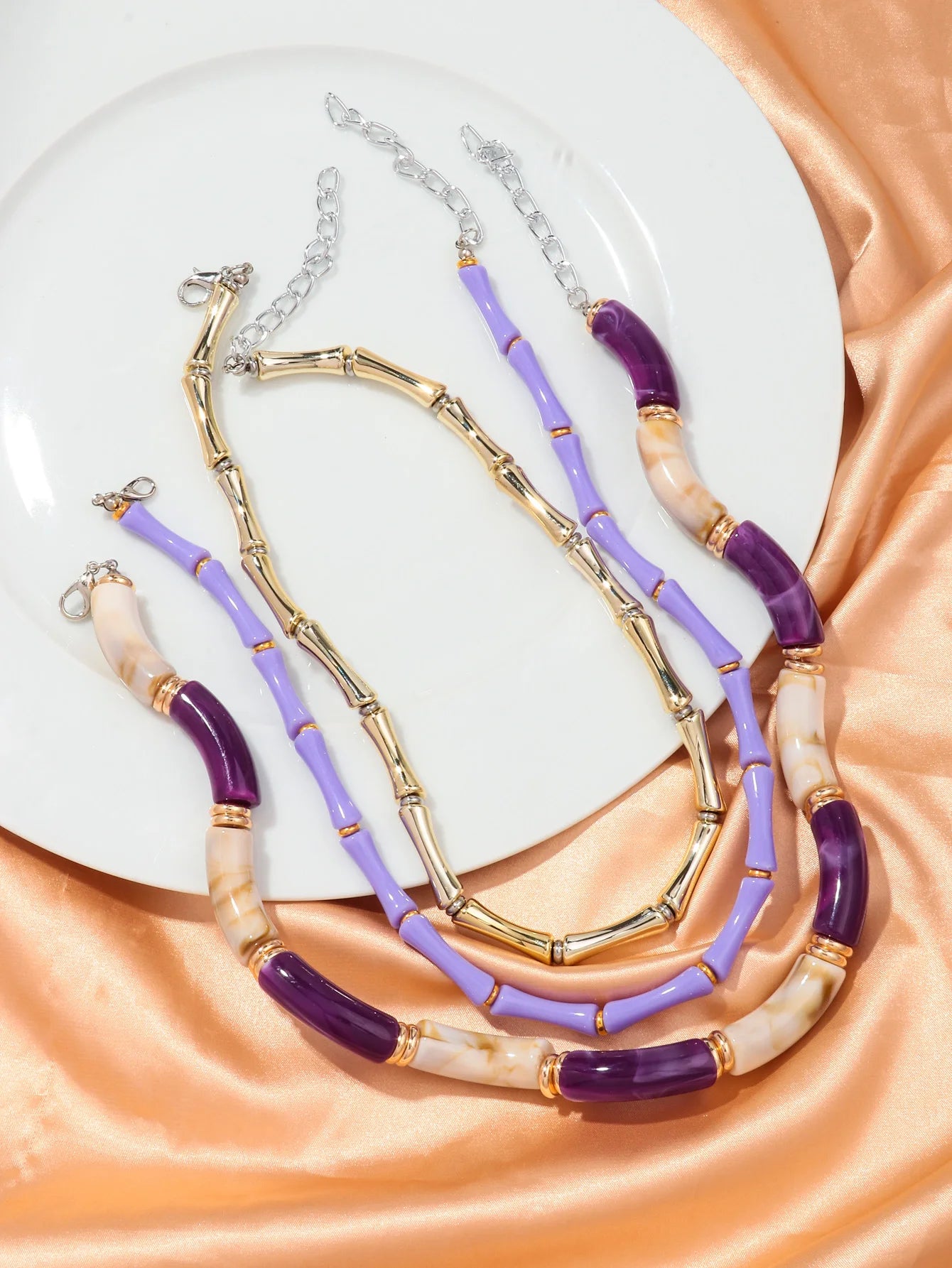 3 pieces/set Bohemian Acrylic Bamboo Beads Choker Necklace Set for Women Chunky Tube Necklaces 2024 Accessories Jewelry