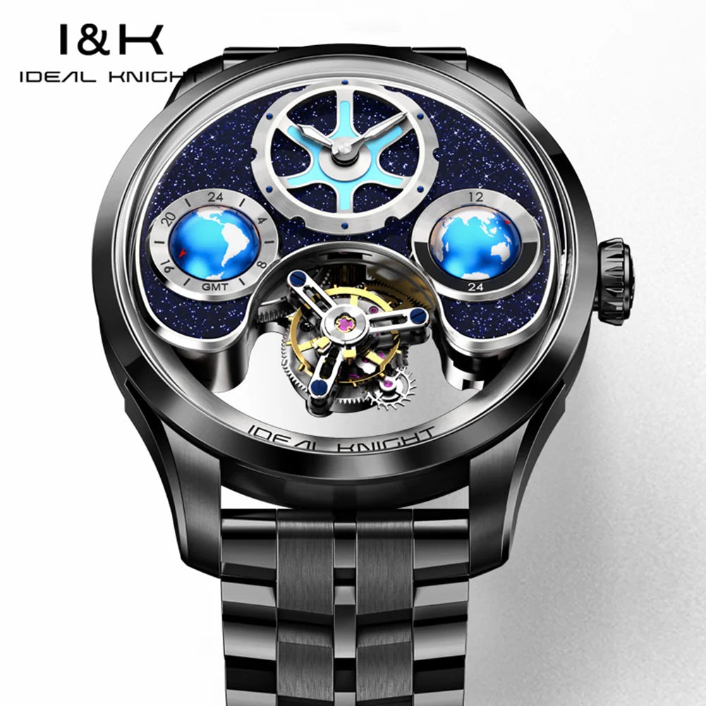 IDEAL KNIGHT 6808 Original Mechanical Watch For Men Top Brand 43mm Big Dial Flywheel Skeleton Hand Clock Business Man Watch Set