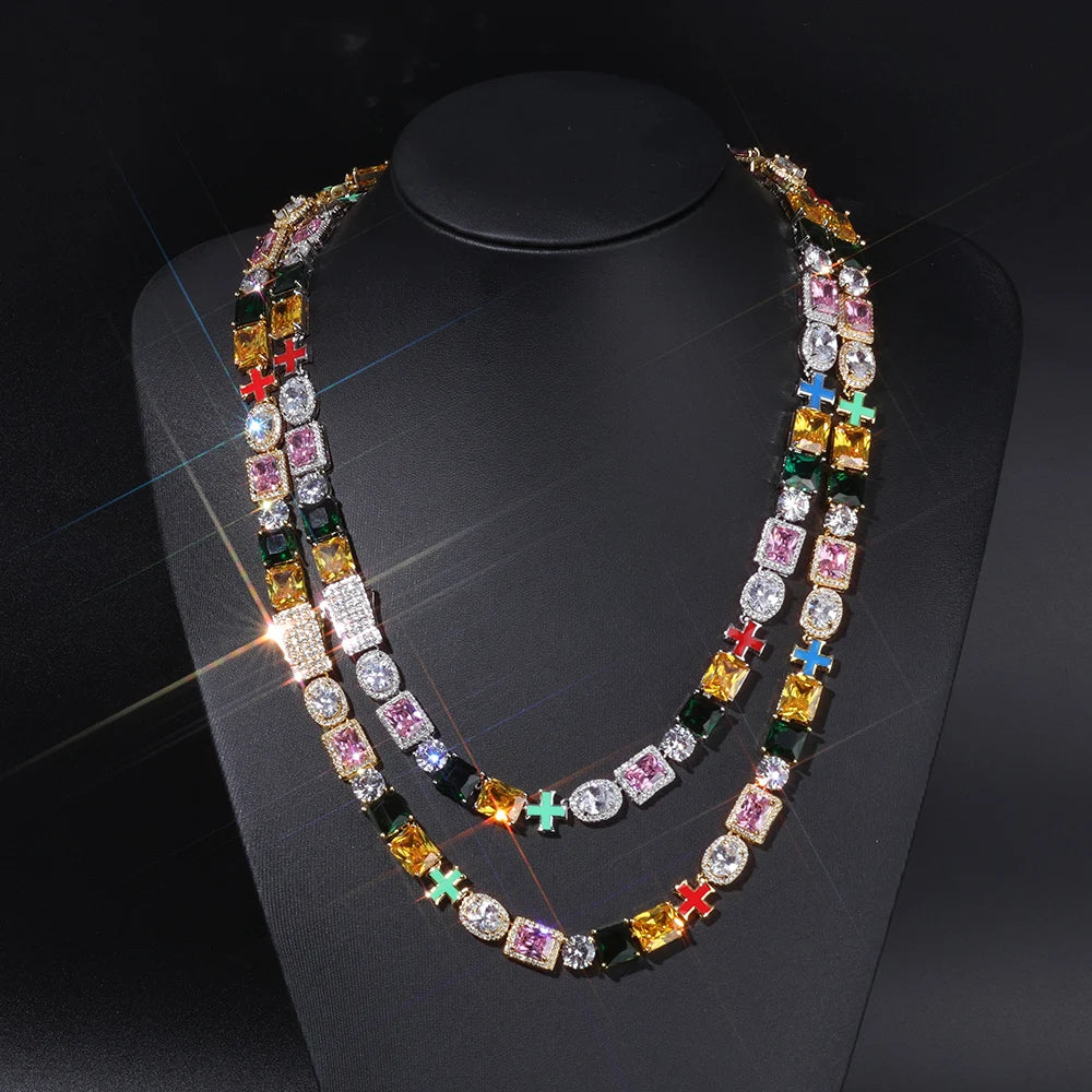 NY Hip Hop Jewelry Rainbow Zircon Necklace 18k Gold Plated Geometric Colorful Cross Link Chain Fashion for Women