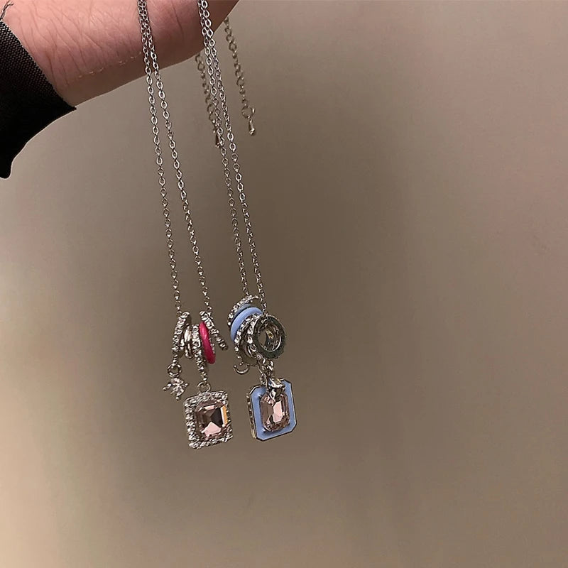 Sweet Kpop Colored Zircon Square Rhinestone Pendant Necklace For Women Y2K Korean Fashion Hoop Metal Choker Collar Jewelry Gift