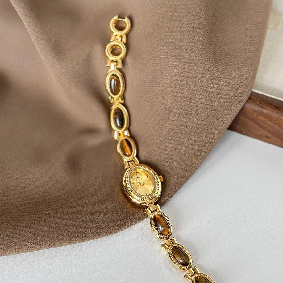 Watches For Woman Elegant Vintage Natural Dongling Stone Bracelet Ladies Small Dial Oval Quartz Dress Watch