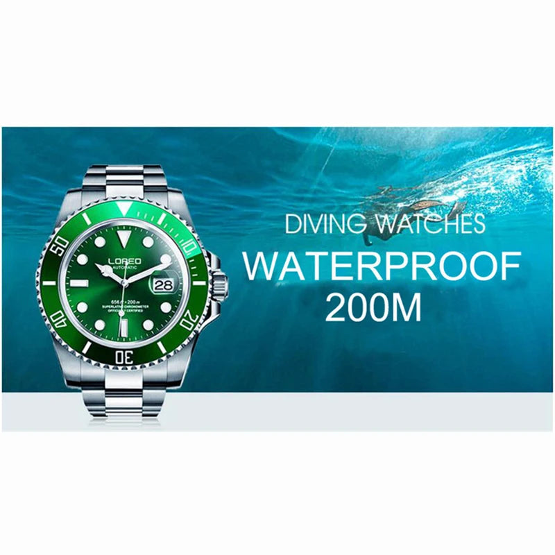 LOREO New Sapphire Glass Automatic Mechanical Watch Luxury Steel 200m Waterproof Business Watch Men Watches Reloj Hombre