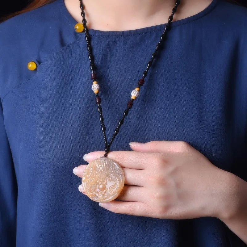 Natural Gold Silk Jade Auspicious Dragon Pendant Exquisite Personality Versatile Male and Female Couples Necklace Jade Pendant