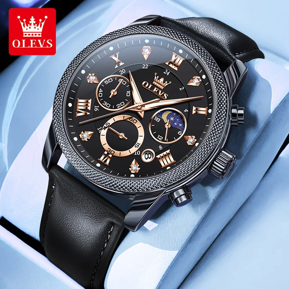 OLEVS 3660 Men's Watch Trendy Leather Strap Moon Phase Chronograph Luminous Waterproof Original Quartz Watch for Man Wristwatch