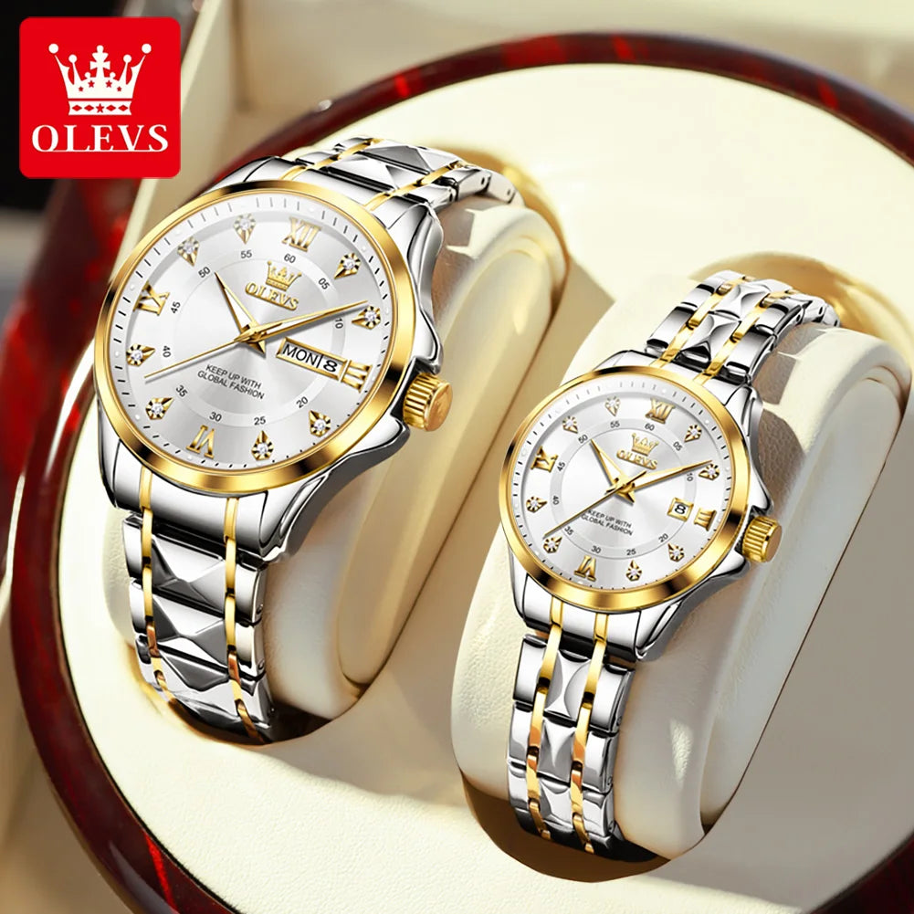 OLEVS 2906 Fashion Date Quartz Couple Watches Diamond Top Brand Luxury Watch For Men Women Waterproof Stainless Steel Wristwatch