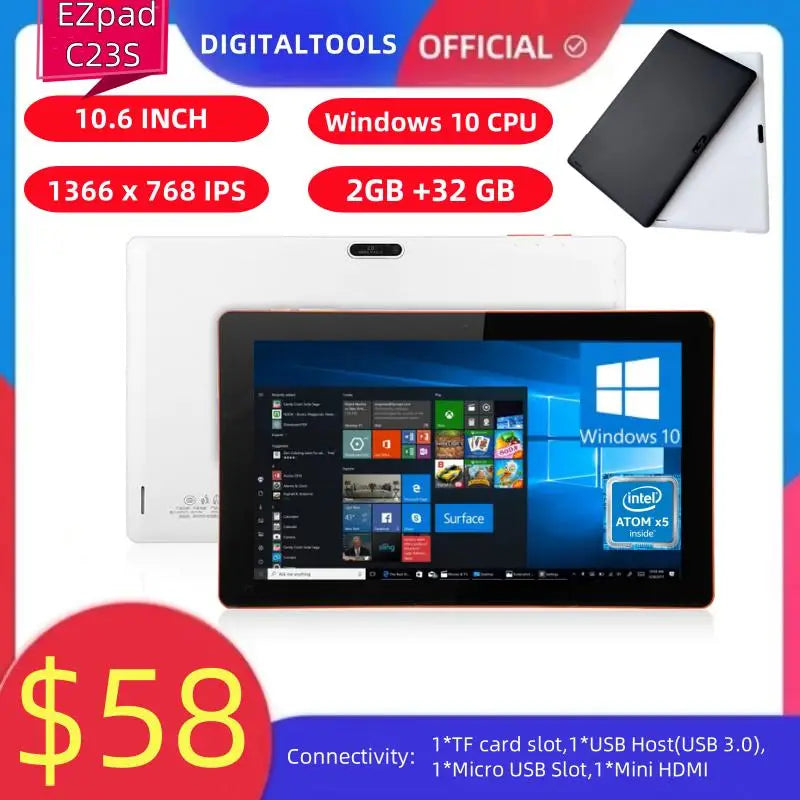 32Bit 10.6" Windows 10 Tablet PC 2GB RAM 32GB ROM X5 Z3735F Quad Core 1.33-GHz 1366 x 768 Pixel WIFI HDMI 6600mAh