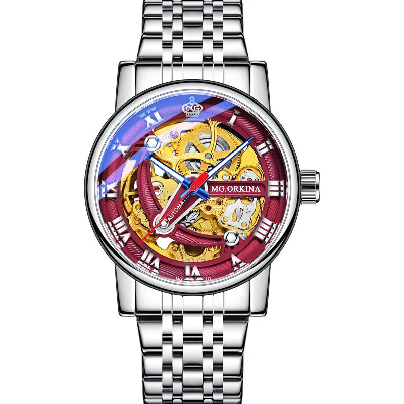 Casual Mechanical Watches For Men Fashion Stainless Steel Strap Automatic Hollow Wristwatch Luminous Skeleton Clock Relogio