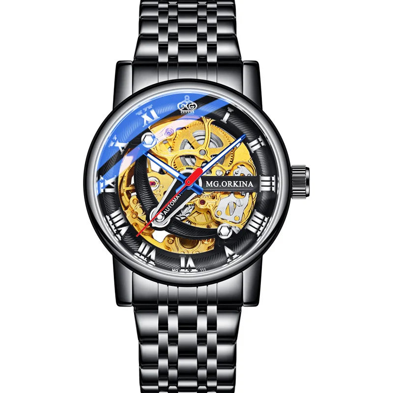 Casual Mechanical Watches For Men Fashion Stainless Steel Strap Automatic Hollow Wristwatch Luminous Skeleton Clock Relogio