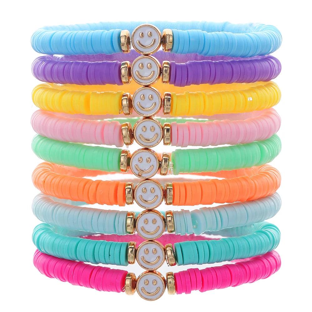 New In Simple Colorful Polymer Clay Smiling Face Love Pearl Bracelet Set Emotional Bracelet for women scene vintage jewelery