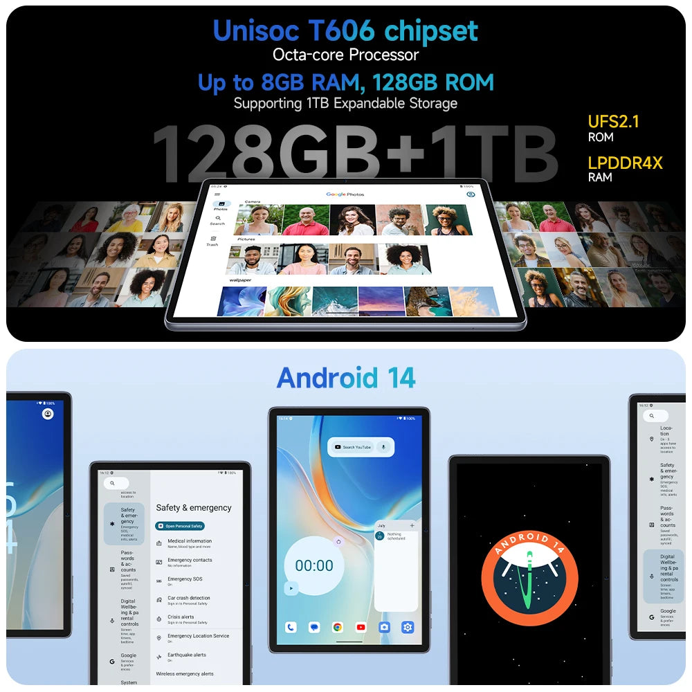 Ulefone Tab W10 Tablet 10.1‘’ HD+ Display 8GB RAM 128GB ROM 6600mAh Unisoc T606 Android 14 Tablet