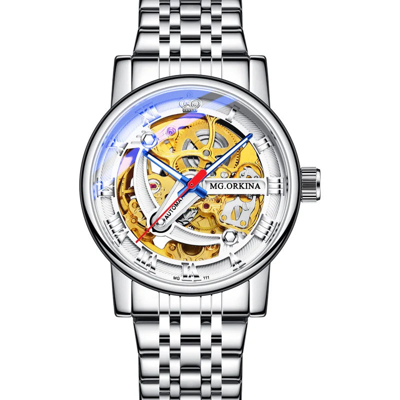 Casual Mechanical Watches For Men Fashion Stainless Steel Strap Automatic Hollow Wristwatch Luminous Skeleton Clock Relogio