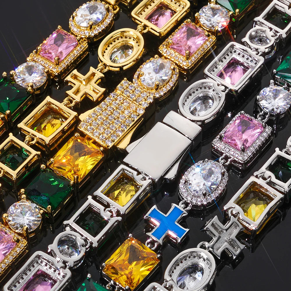 NY Hip Hop Jewelry Rainbow Zircon Necklace 18k Gold Plated Geometric Colorful Cross Link Chain Fashion for Women