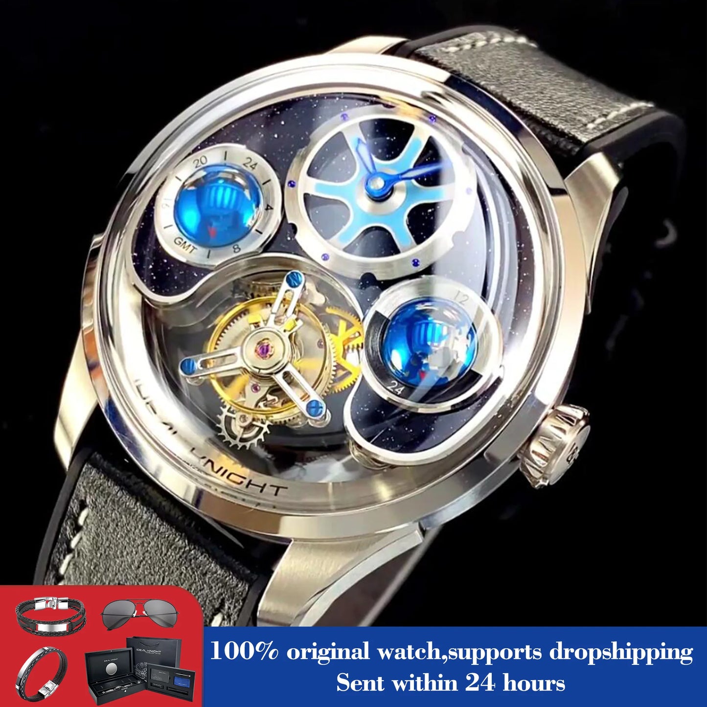 IDEAL KNIGHT 6808 Original Mechanical Watch For Men Top Brand 43mm Big Dial Flywheel Skeleton Hand Clock Business Man Watch Set