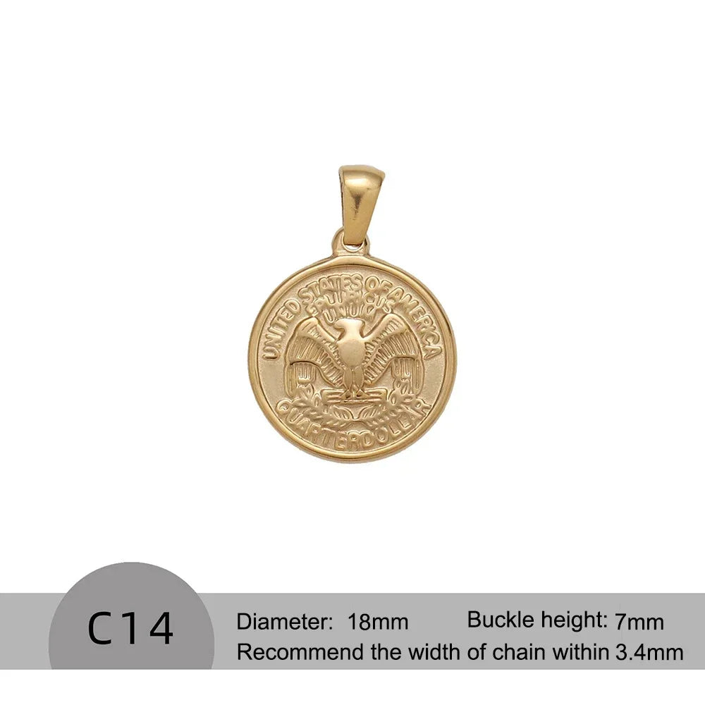 RHYOSNG Vintage Jewelery Stainless Steel 18K PVD Plated Golden Charm Round Portrait Key Moon Only Pendant For Women DIY Necklace