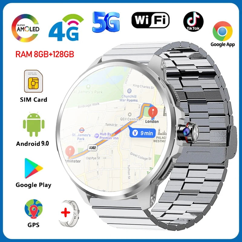 5G/4G All-Network Smart Watch 1.95 inch AMOLED 2100mah Battery 8GB+128GB RAM 900W Camera GPS WIFI Google APP Download Smartwatch