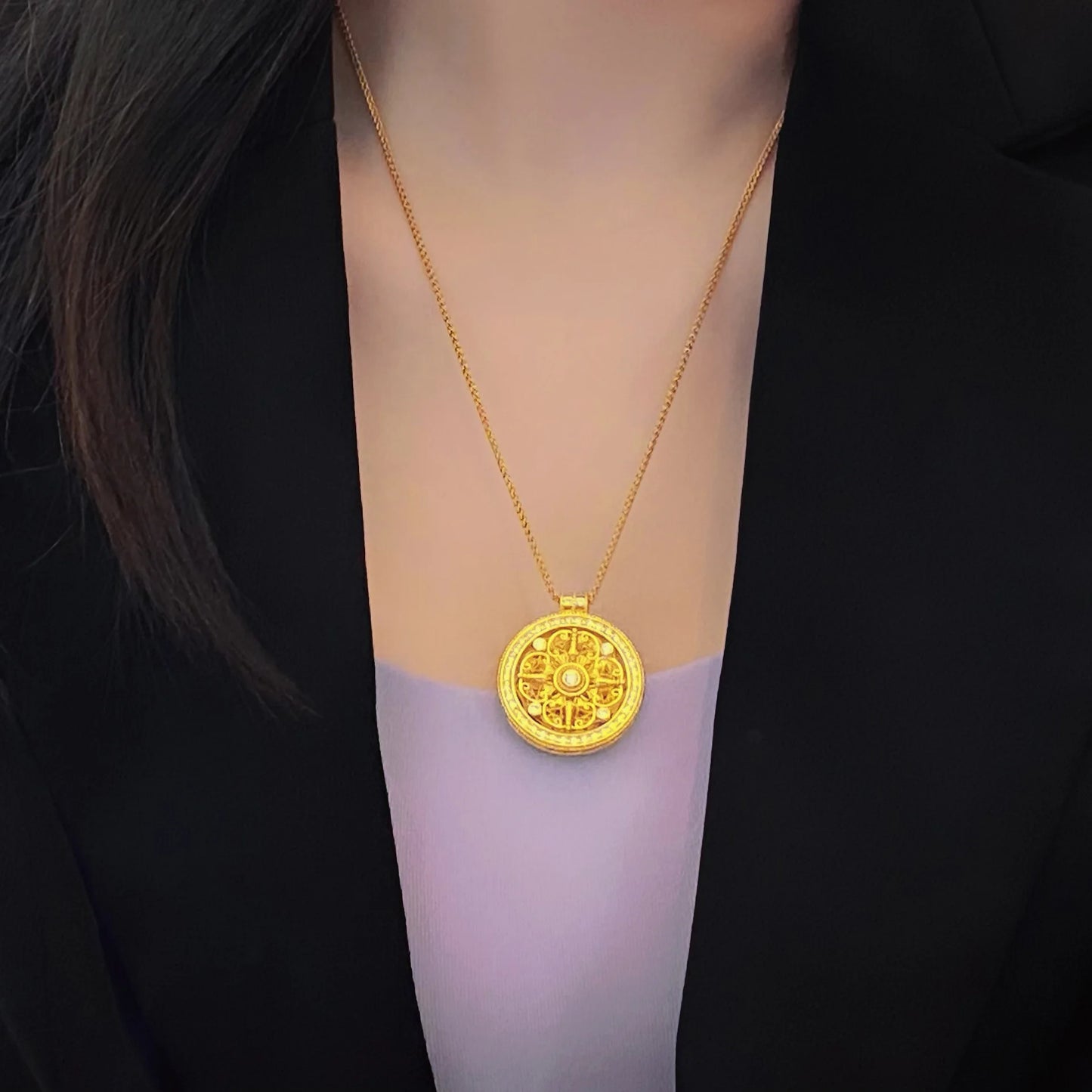 9999 24K real gold rotatable four-sided blessing diamond inlaid eight treasure compass necklace ancient Chinese women's jewelry