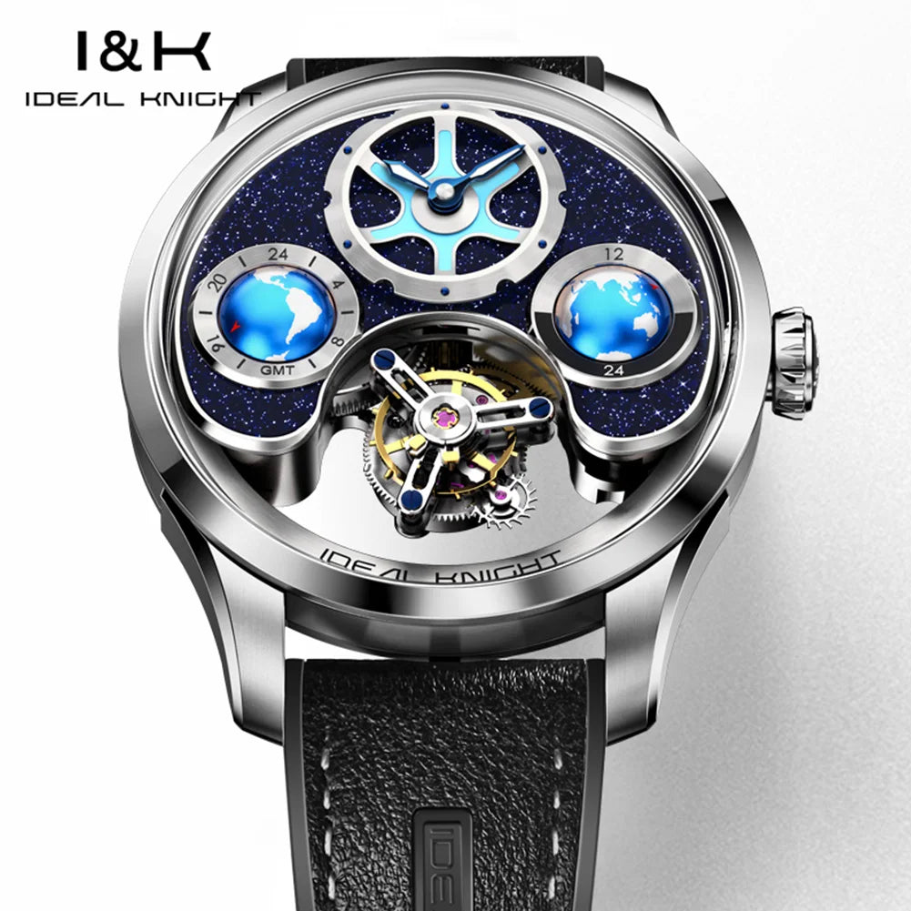 IDEAL KNIGHT 6808 Original Mechanical Watch For Men Top Brand 43mm Big Dial Flywheel Skeleton Hand Clock Business Man Watch Set