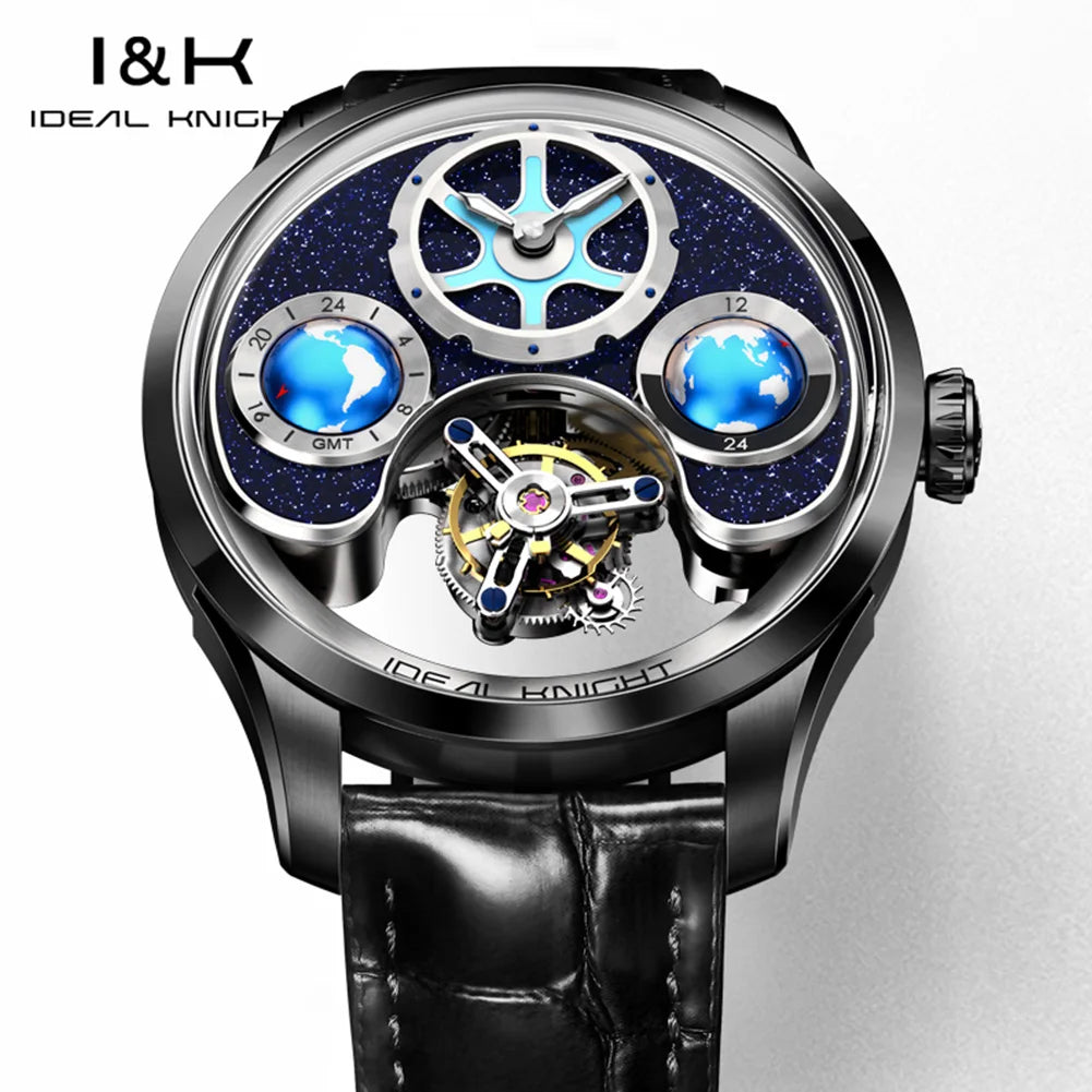 IDEAL KNIGHT 6808 Original Mechanical Watch For Men Top Brand 43mm Big Dial Flywheel Skeleton Hand Clock Business Man Watch Set