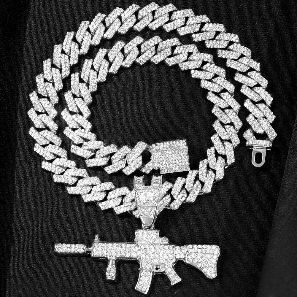 Men Women 14MM Cuban Chain AK47 Gun Pendant Necklace Iced Out AAA Rhinestone Prong Miami Cuban Link Chain Hip Hop Jewelry Gifts