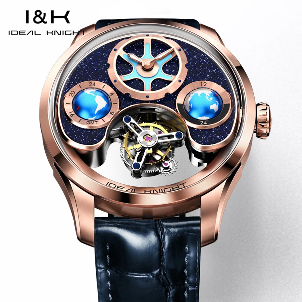 IDEAL KNIGHT 6808 Original Mechanical Watch For Men Top Brand 43mm Big Dial Flywheel Skeleton Hand Clock Business Man Watch Set