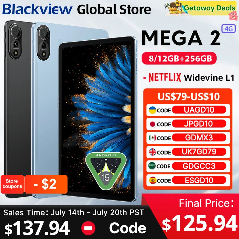 Blackview MEGA 2 Android 15 Tablet 12 inch 2K Display 36(12+24)GB 256GB Unisoc T615 9000mAh Battery Widevine L1 Pad PC