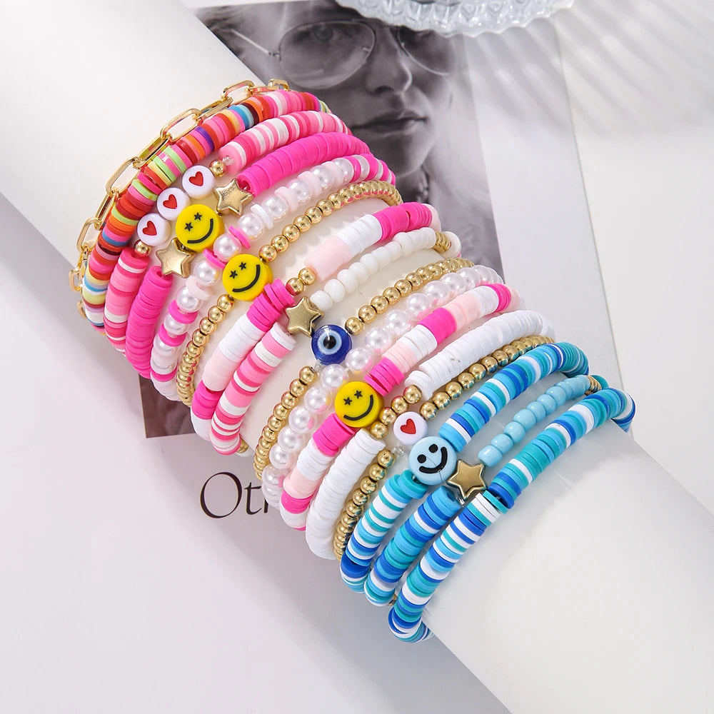 New In Simple Colorful Polymer Clay Smiling Face Love Pearl Bracelet Set Emotional Bracelet for women scene vintage jewelery