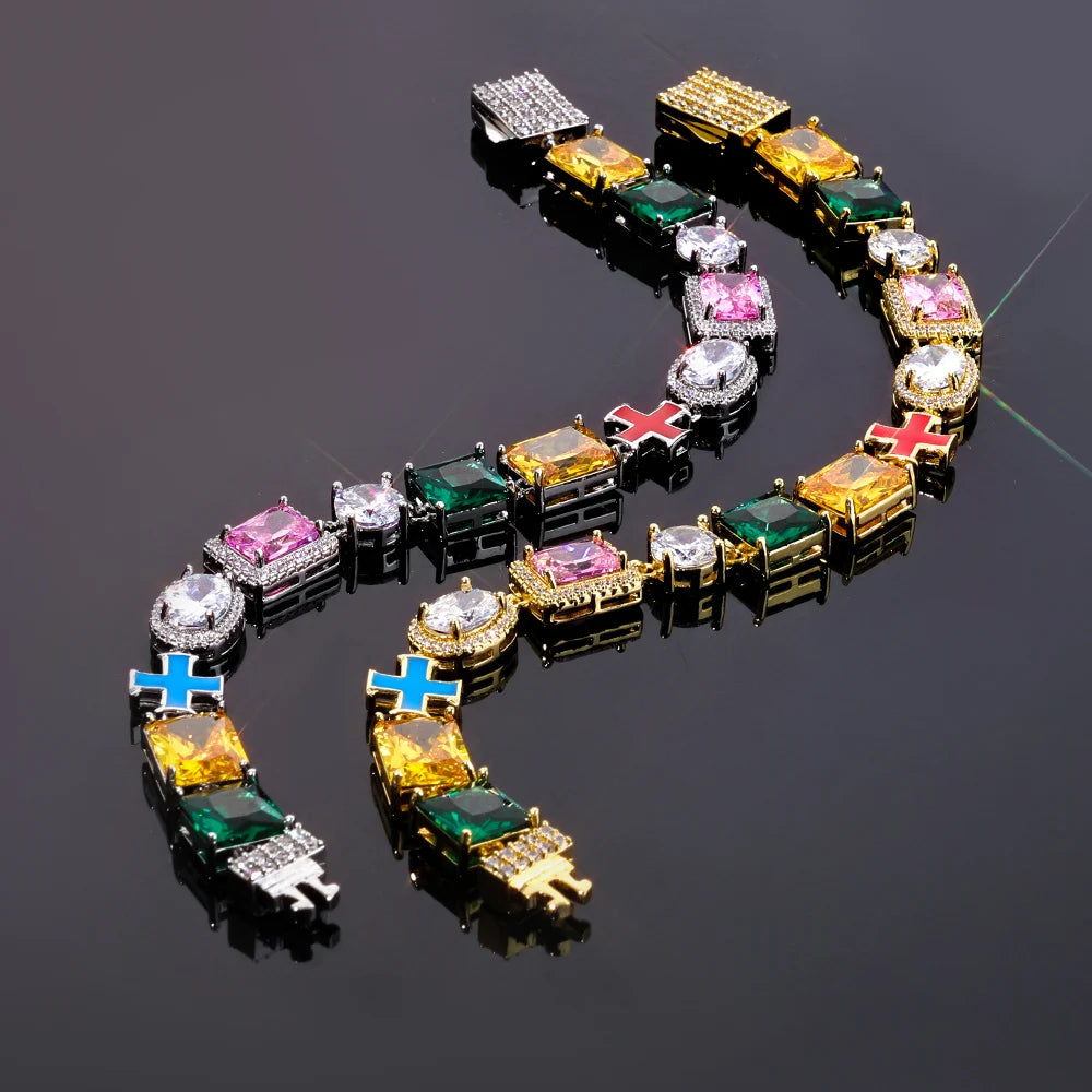 NY Hip Hop Jewelry Rainbow Zircon Necklace 18k Gold Plated Geometric Colorful Cross Link Chain Fashion for Women