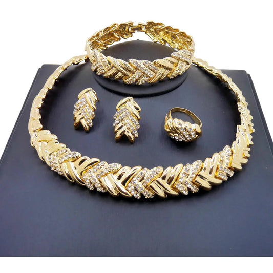 18K Gold Plated Crystal Rhinestone Necklace & Earrings Jewelry Set for Women