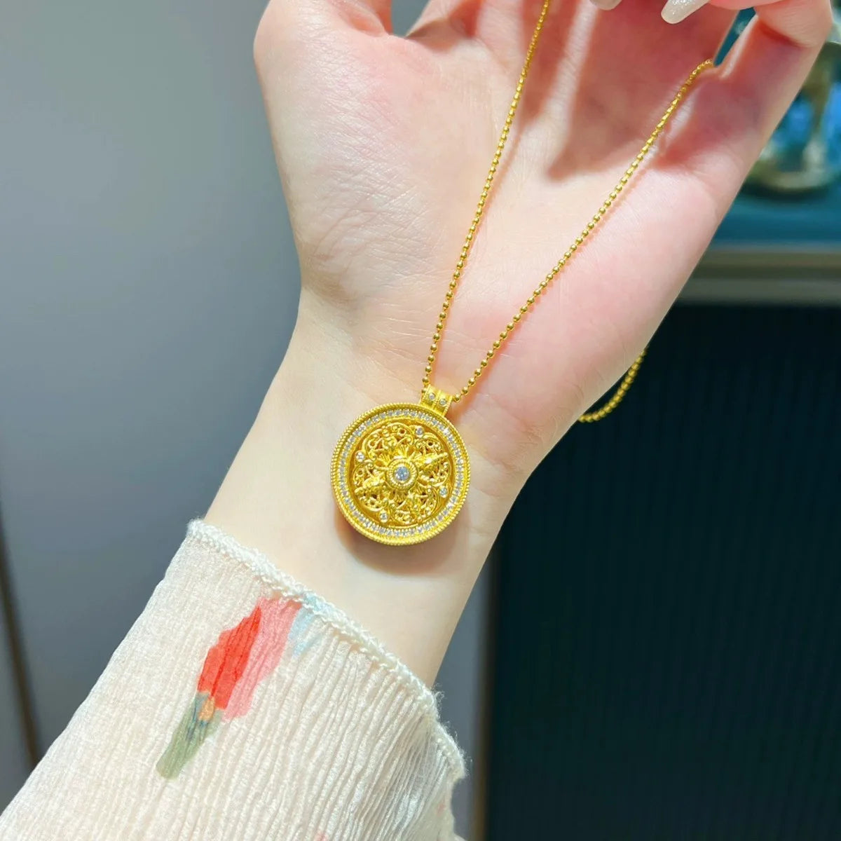 9999 24K real gold rotatable four-sided blessing diamond inlaid eight treasure compass necklace ancient Chinese women's jewelry