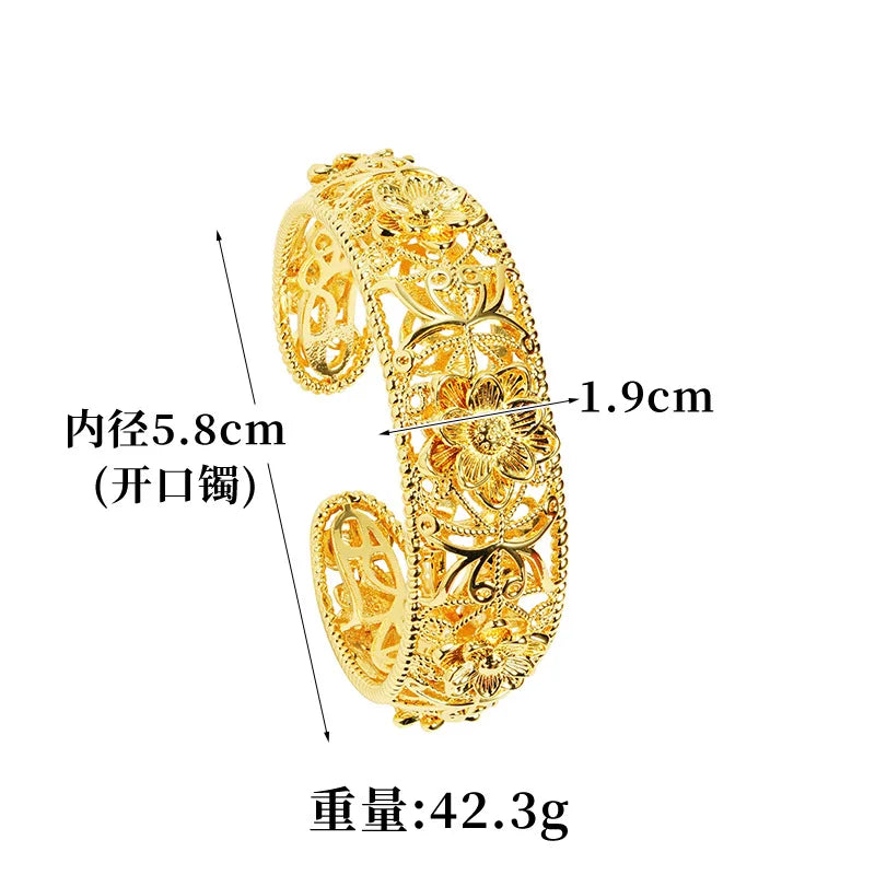 Luxury 24K 9999 Pure Gold real gold Women's Bracelet National Fashion Hollow Flower Opening Bracelet