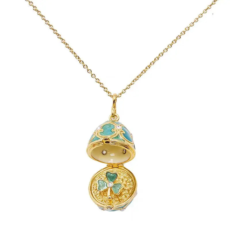 Enamel Handmade Faberge Easter Egg Pendant Necklace Jewelry Locket Brass Vintage Crystal Clover Inside Gift To Women Girls