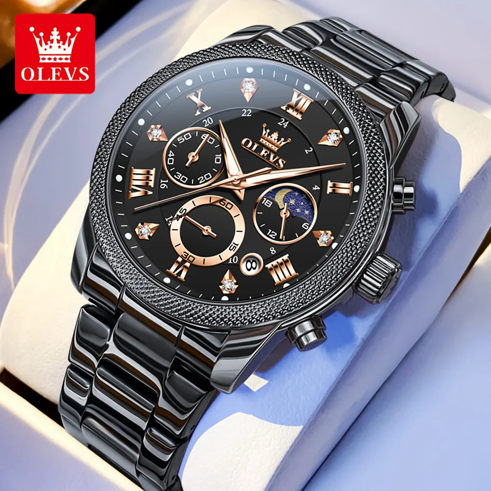 OLEVS 3660 Men's Watch Trendy Leather Strap Moon Phase Chronograph Luminous Waterproof Original Quartz Watch for Man Wristwatch