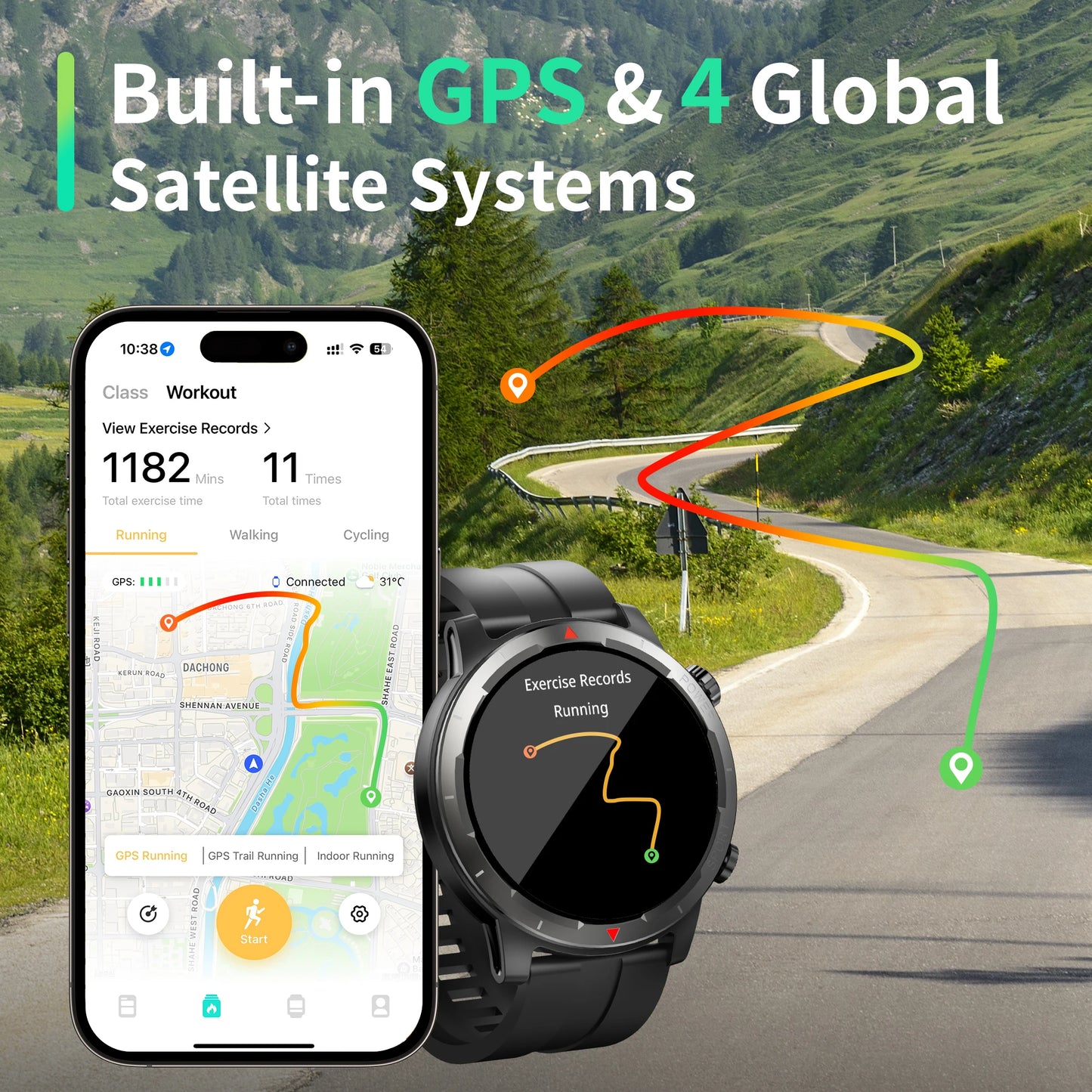 EZON S9 GPS AMOLED Sports Watch, Barometer, Compass, Heart rate/ sleep monitor, IP68 Waterproof, Alloy housing for men/women