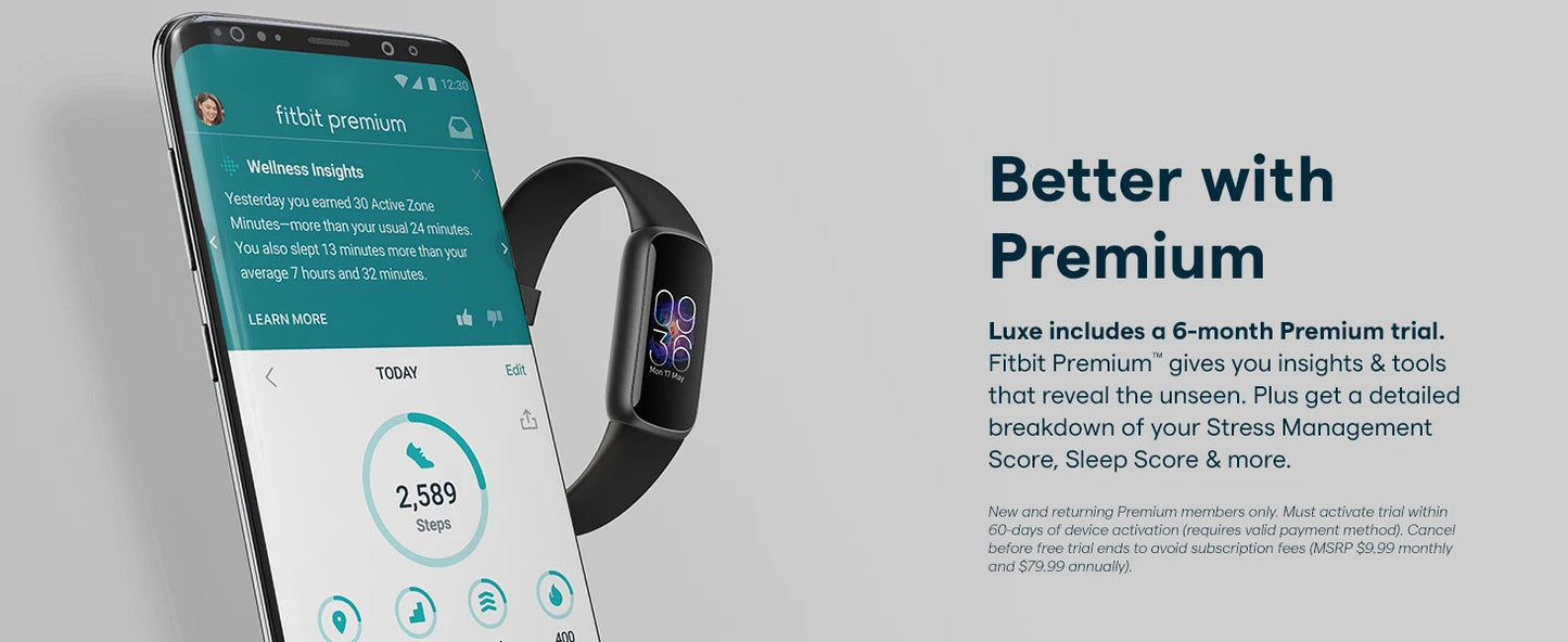 Fitbit Luxe Fitness Tracker AMOLED Screen 24/7 Heart Rate Monitor Sleep SpO2 Stress Tracker Waterproof Smart Bracelet