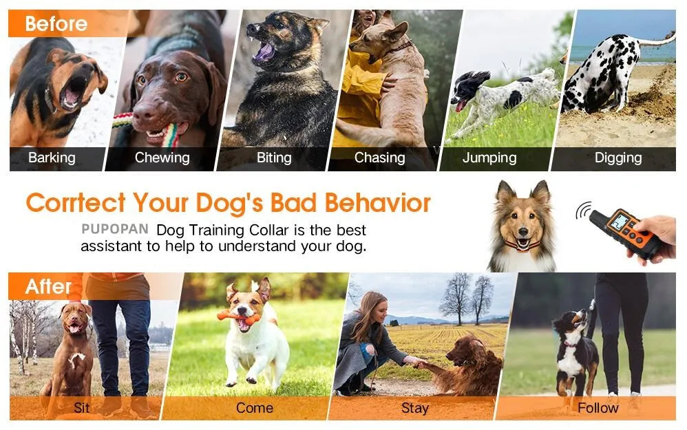 Dog Training Collar Waterproof Rechargeable Shock Collars for Dog with Remote Training Beep Vibration Shock, Electric Dog Collar