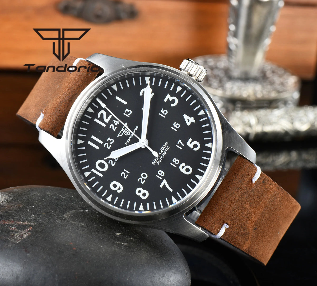 Tandorio 39mm 20BAR Dive Pilot Men's Automatic Steel Watch NH35 Miyota 8215 PT5000 Mechanical AR Sapphire Wristwatch Green Lume