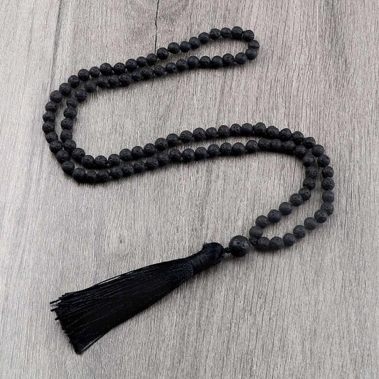 Buddhist Mala Beaded Necklaces for Women Men 6 8mm Black Lava Rock Stone Long Tassel Necklace Handmade Vintage Ethnic Jewelry