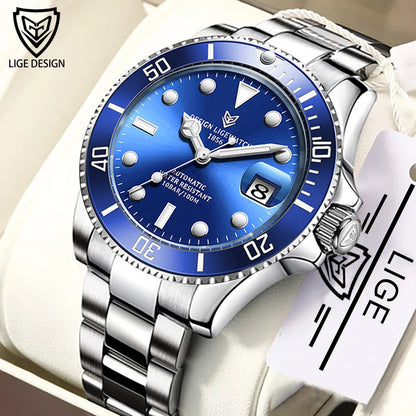 LIGE Classic Men Mechanical Wristwatch Luxury Ceramic Bezel Automatic Watch Sapphire Glass Watch for Men Relogio Masculino Box