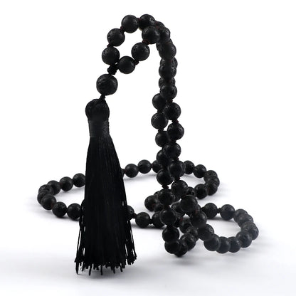 Buddhist Mala Beaded Necklaces for Women Men 6 8mm Black Lava Rock Stone Long Tassel Necklace Handmade Vintage Ethnic Jewelry