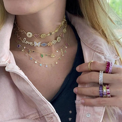 Luxury Women Fashion jewelry Micro pave colorful cz lucky charm link chain cute animal eye statement necklace