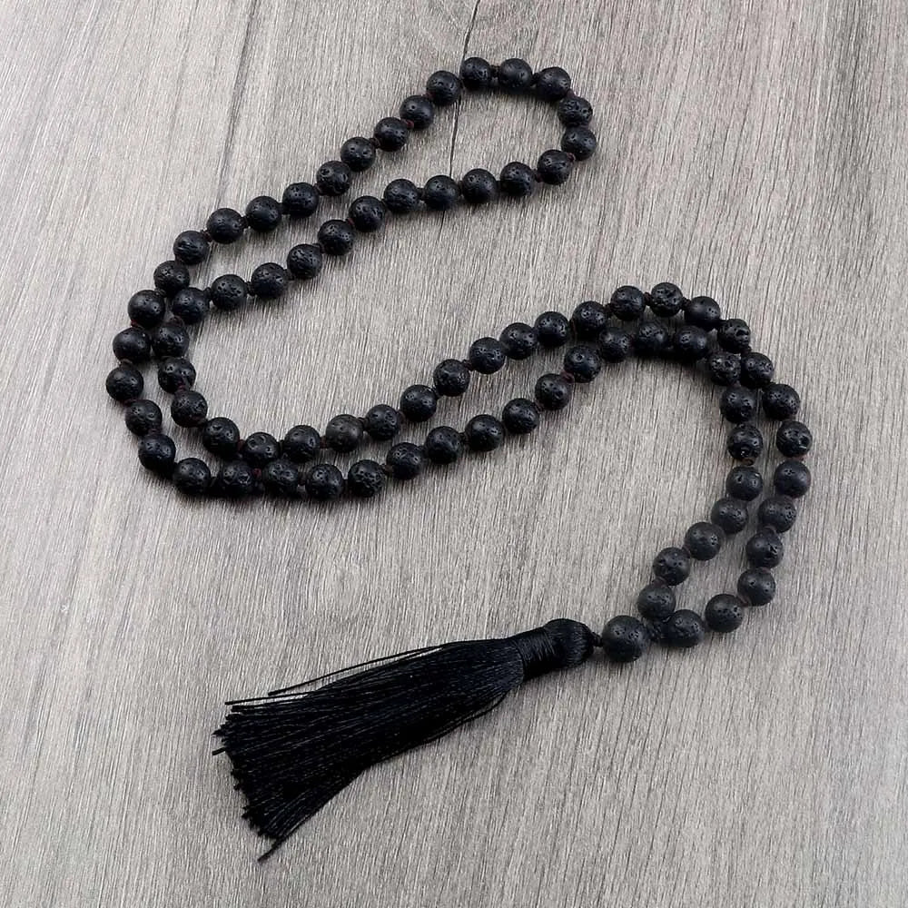 Buddhist Mala Beaded Necklaces for Women Men 6 8mm Black Lava Rock Stone Long Tassel Necklace Handmade Vintage Ethnic Jewelry